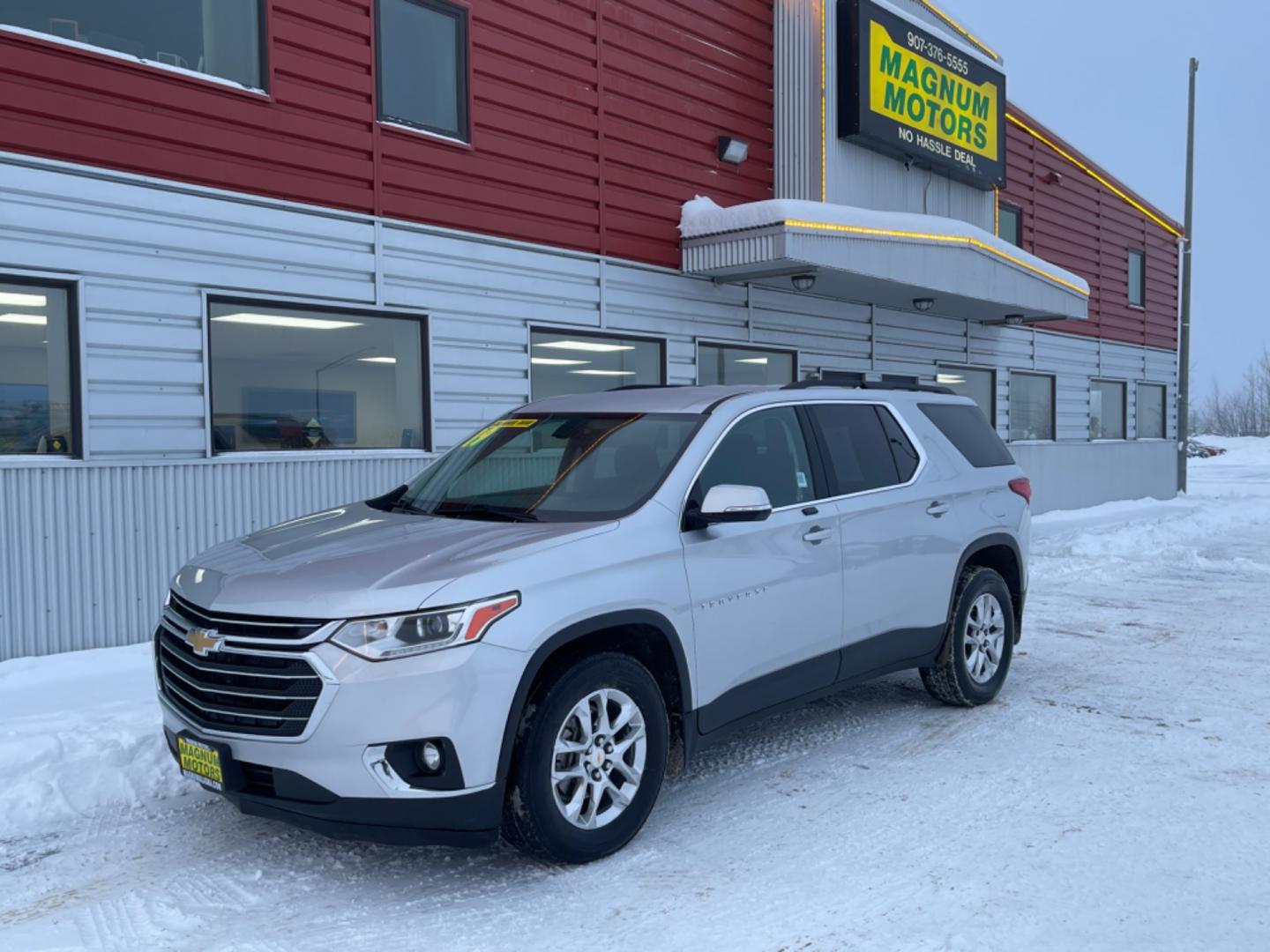 2019 Silver /charcoal cloth Chevrolet Traverse LT Cloth AWD (1GNEVGKW4KJ) with an 3.6L V6 DOHC 24V engine, 9A transmission, located at 1960 Industrial Drive, Wasilla, 99654, (907) 274-2277, 61.573475, -149.400146 - Photo#0